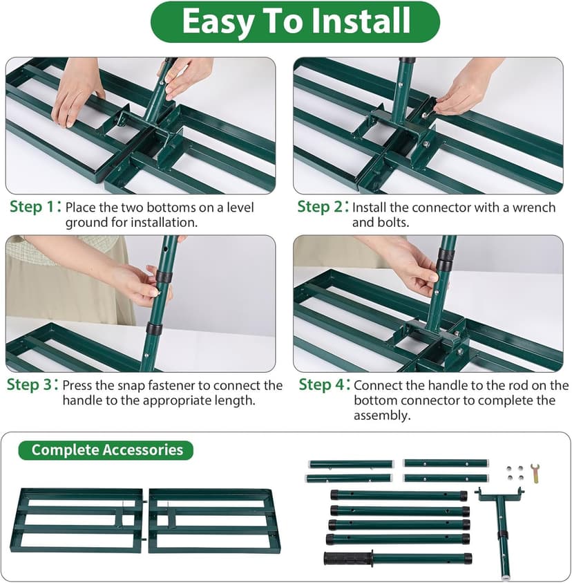 Lawn Leveling Rake,Stainless Steel Lawn Leveler with 30”x10” Ground Plate, 78” Adjustable Long Handle, Level Yard Tool for Grass, Golf Field, Level Soil or Dirt Ground Surfaces-Green