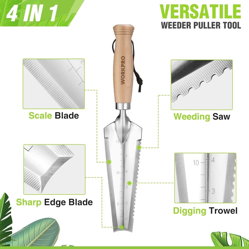 WORKPRO 12.5" Weeder Puller Tool with Wood Handle, 4-in-1 Polished Stainless Steel Garden Trowel, Hori Hori Garden Knife for Easy Weeder Removal, Planting, Weeding, Small Gardening Hand Tools