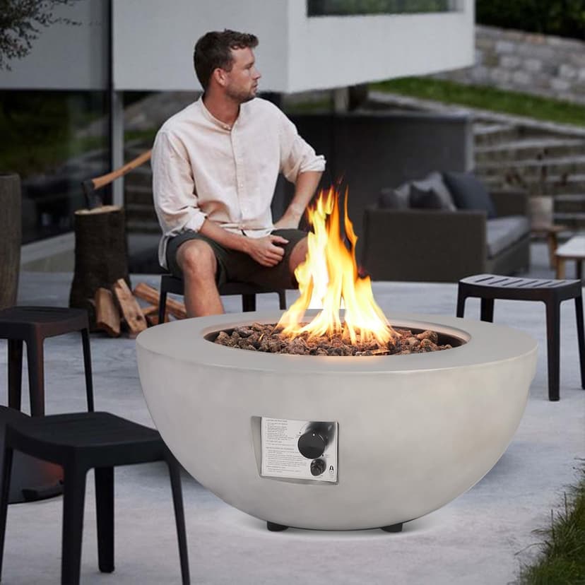 Outdoor Propane Fire Pit Table - 31.5 Inch Concrete Round Fire Table Bowl 50,000 BTU Gas FirePit Burner with Steel Lid, Lava Rocks, Rain Cover for Outside Patio, Backyard, Party