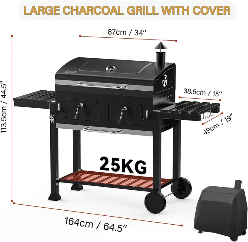 Onlyfire Extra Large BBQ Charcoal Grill with Versatile Cooking Grate and Warming Rack, Outdoor Barbecue Stove with Dual-Zone Adjustable Charcoal Tray, Grill Cover Included, Black GS339