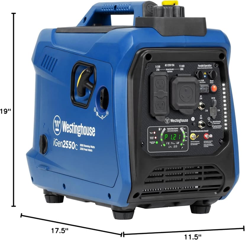 Westinghouse 2550 Peak Watt Super Quiet & Lightweight Portable Inverter Generator, RV Ready 30A Outlet, Gas Powered, CO Sensor, Parallel Capable, Long Run Time,Blue