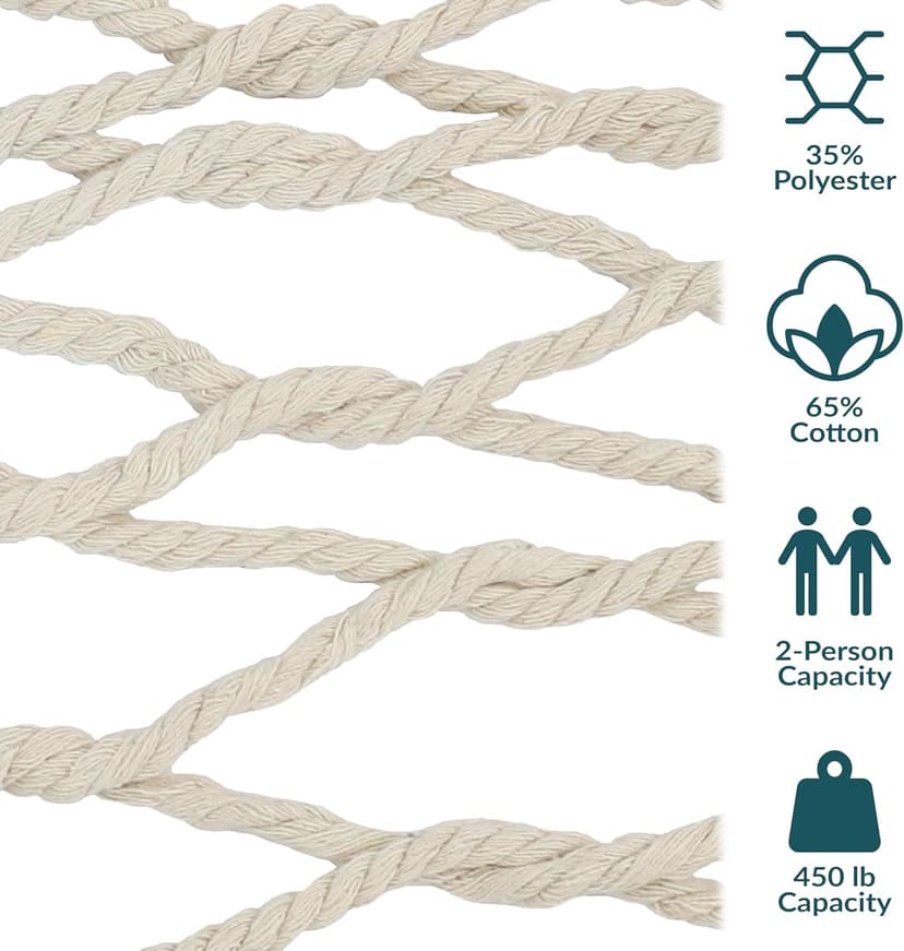 Sunnydaze Cotton Rope Double Hammock for Outside - 450-Pound Capacity Indoor or Outdoor Hammock with Spreader Bars - Natural