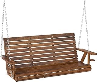 Outsunny Upgraded Wooden Porch Swing 3-Seater, 5 FT Outdoor Patio Swing Bench with Cupholders, Hanging Chains, Swing Chair Bench for Patio Garden Yard, Carbonized