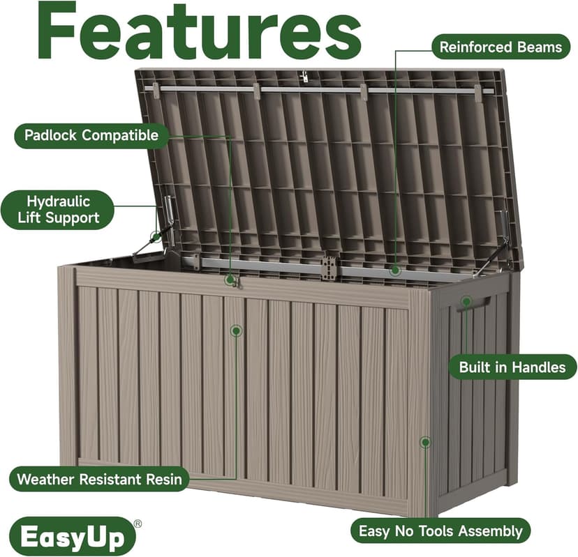 150 Gallon Outdoor Storage Box, Resin Waterproof UV-Resistant Deck Box with Hydraulic Lid Support, Reinforced Stability for Patio, Garden, and Poolside, Striped Beige