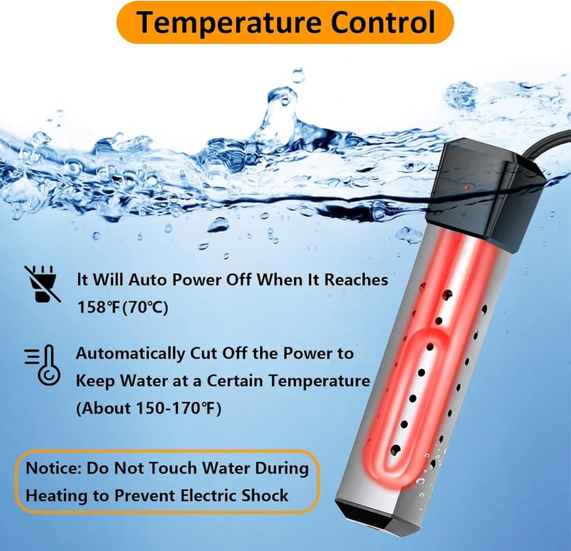 2000W Pool Heater for Inflatable Above Ground Swimming Pool, Immersion Water Heater for Bathtub Automatic Power Off, Submersible Electric Water Heater, Portable Bucket Heater with 304 Stainless Guard