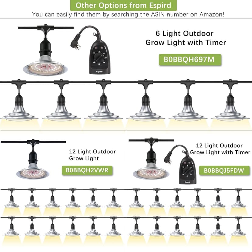 Espird Outdoor Grow Light, 6-Light Greenhouse String Grow Light, Waterproof Plant Growing Lamps, UL Certified LED Grow Lights for Greenhouse Garden, 21.3FT Full Spectrum Light for Veg Seedling Flower