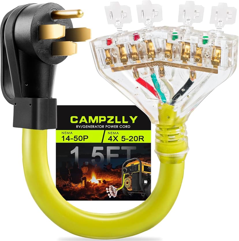 50 Amp to 110 Adapter RV Cord, 50 Amp to 20 Amp Adapter, NEMA 14-50P Male Plug to 4X 5-15R/5-20R Household Outlet Female with Dust Protection Caps, 1.5 FT