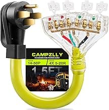 50 Amp to 110 Adapter RV Cord, 50 Amp to 20 Amp Adapter, NEMA 14-50P Male Plug to 4X 5-15R/5-20R Household Outlet Female with Dust Protection Caps, 1.5 FT