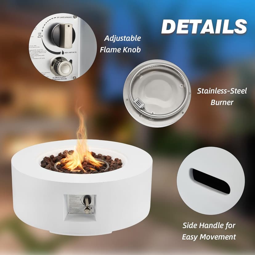 ECOTOUGE 2-Piece 30 Inch Round Outdoor Propane Firepit Table Set with Tank Table, 50,000 BTU Steel Gas Fire Table, Auto-Ignition Concrete Fire Pit w/Weather-Resistant Pit Cover, Lava Rocks, White