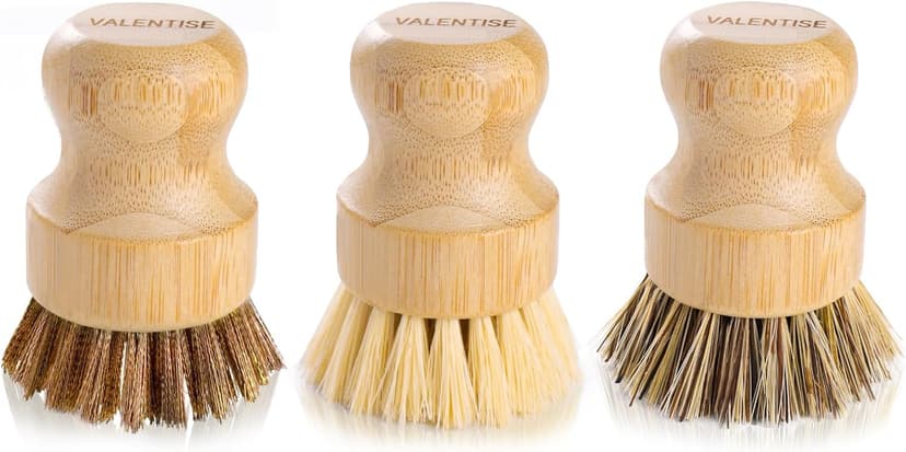Bamboo Dish Brush Set, 3 Pcs Wooden Scrubber, Brass Brush and Pot Brush with Sisal and Palm for Cleaning Vegetables, Pots and Ovens