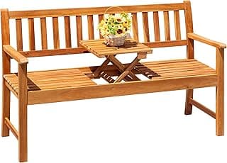 Devoko Outdoor Bench, 2-Person Garden Bench, Patio Wood Bench Outdoor Loveseat with Pull-Out Center Table for Backyard, Balcony and Patio and Garden (Log Color)