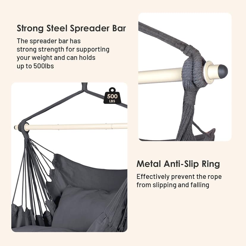 Highwild Hammock Chair Hanging Rope Swing - Max 500 Lbs - 2 Cushions Included - Steel Spreader Bar with Anti-Slip Rings - for Any Indoor or Outdoor Spaces (Grey)
