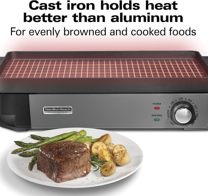 Hamilton Beach Professional Cast Iron Indoor Electric Grill & Griddle, 10" x 16" Preseasoned Cooking Surface, Adjustable Temperature up to 450° F, Black (38560)