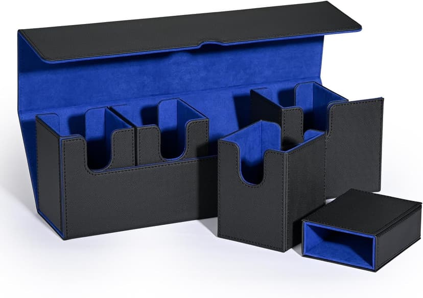 Modern Black&Blue Card Deck Box with Dice Tray for MTG, Yugioh, Sports Cards, Holds 800+ Unsleeved Cards, 5-in-1 Organizer with Playmat Lid