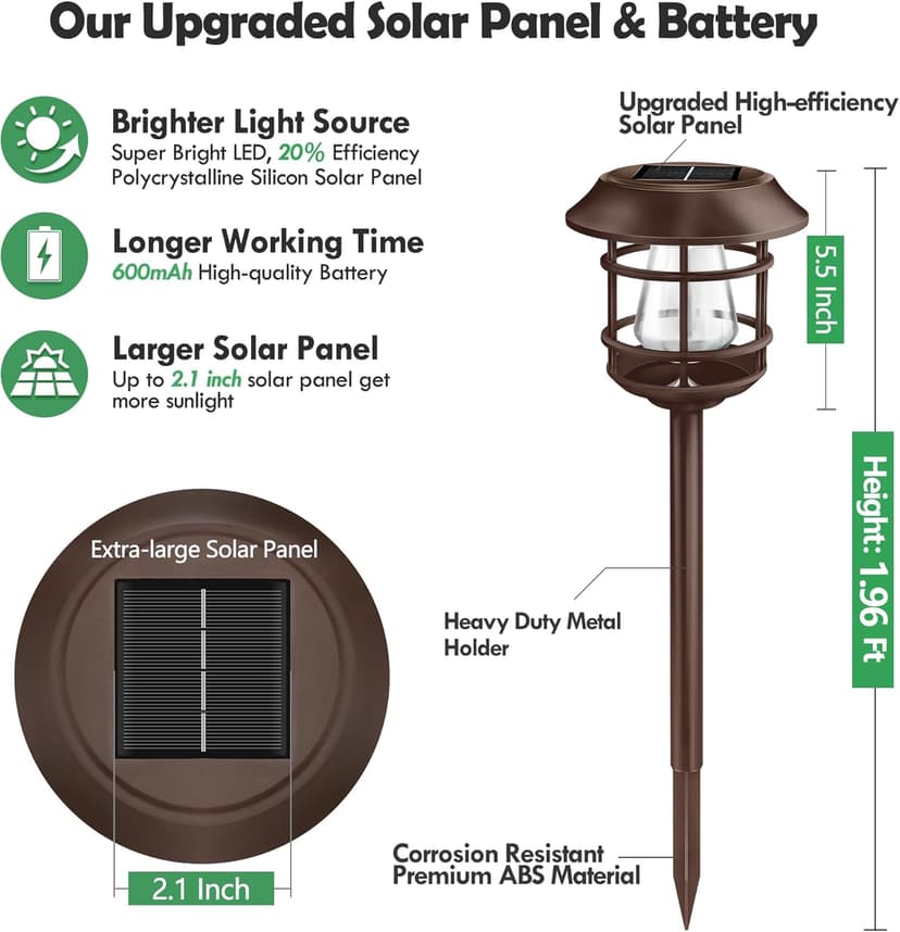 Solar Pathway Lights 8PK Outdoor Garden Yard Lights Waterproof Auto-on/Off Landscape for Lawn Patio Walkway Warm Light (Brown), PTH-080