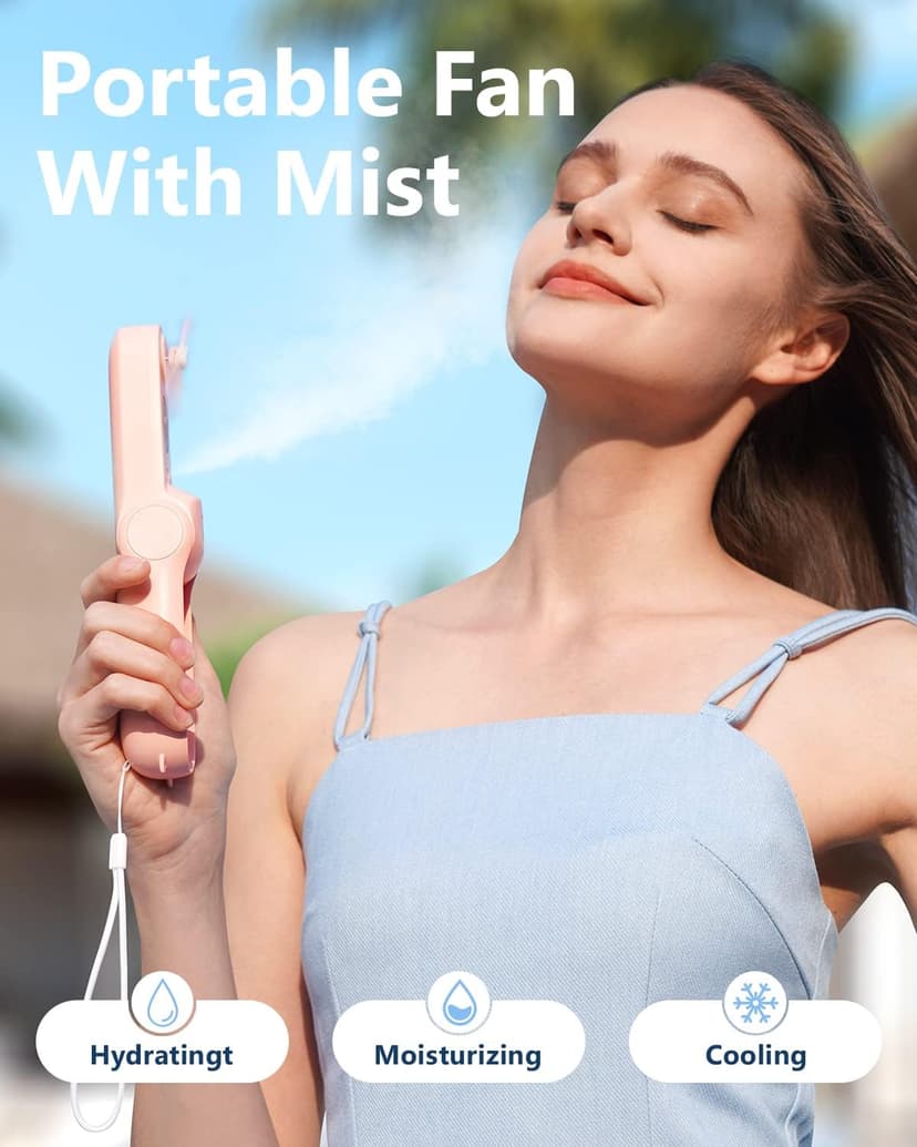 SWEETFULL Portable Misting Fan, Handheld Personal Mister, Mini Spray Water Mist, Kids Women Fan For Travel, Outdoors, Hiking, Camping, Home Office (Pink)