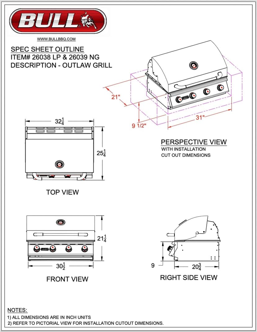 Bull Outlaw 30-Inch Built-In Grill (BG-26039), Natural Gas