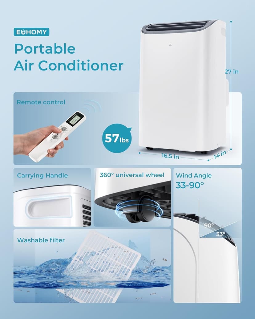 EUHOMY Portable Air Conditioners 12,000 Btu, 4 in 1 Portable Cooling AC with Heat, Dehumidifier, Fan Modes, Quiet Stand-up AC with 46dB Low Noise & Sleep Mode for Bedrooms, room up to 550 Sq.Ft
