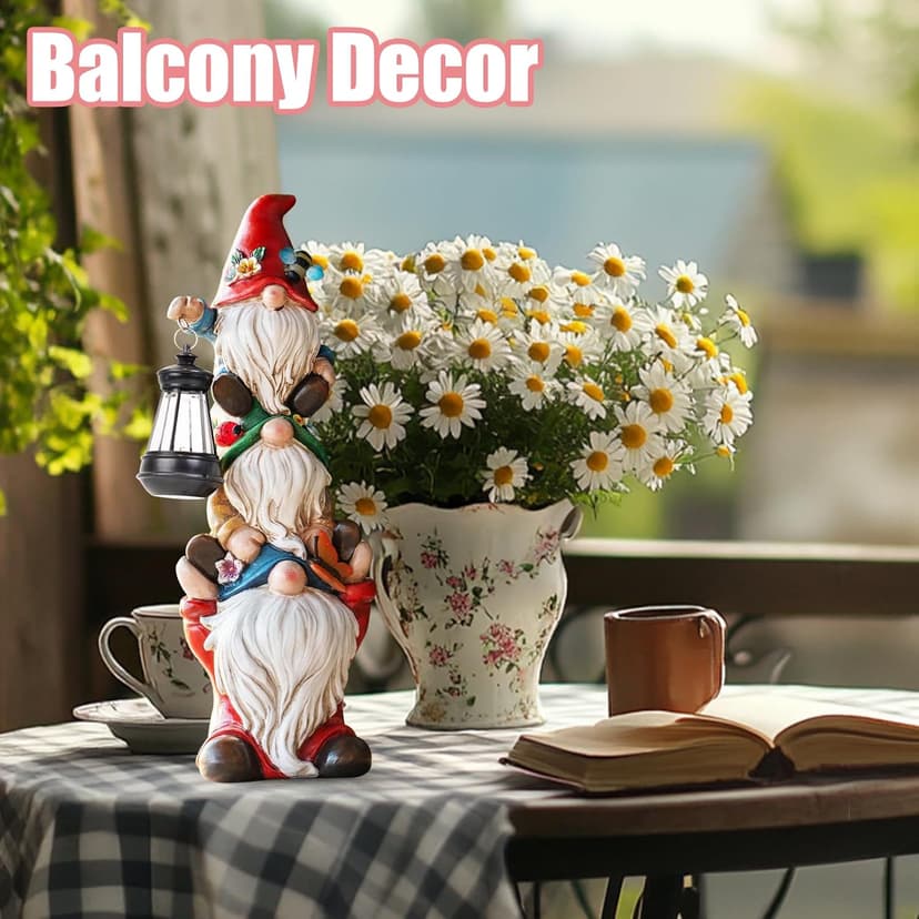 Garden Gnome Statue with Solar Lights Large Garden Sculptures Funny Triple Gnome Outdoor Patio Lawn Yard Balcony Garden Home Decor Gifts for Women Mom 12 in Fathers Day Gnome