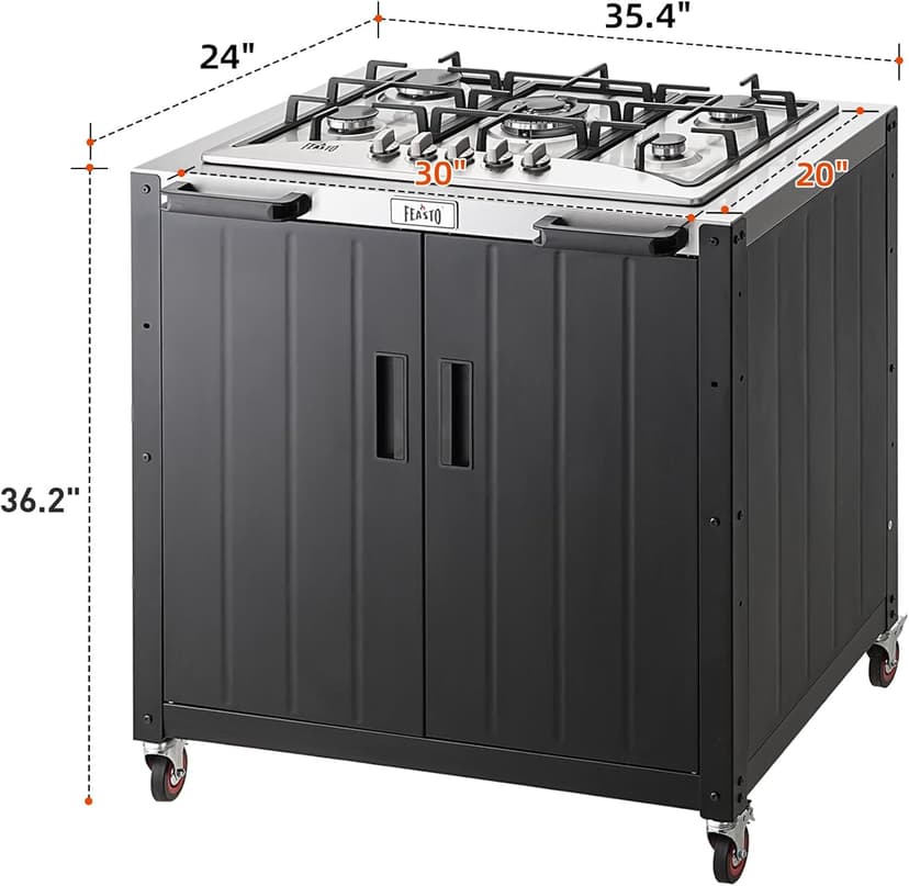 Gas Grill, Movable Outdoor Gas Stove Stainless Steel Top with Cabinet, 5 Burners with 36,200 BTUs, Outdoor Propane Grill for Outdoor Cooking, Ideal for Lawn & Garden, L35.4” x W24”