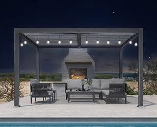 PURPLE LEAF Louvered Pergola with String Lights 10' x 12' Patio Aluminum Pergola with Independent Adjustable Rainproof Roof Hardtop for Outdoor Deck Garden Yard