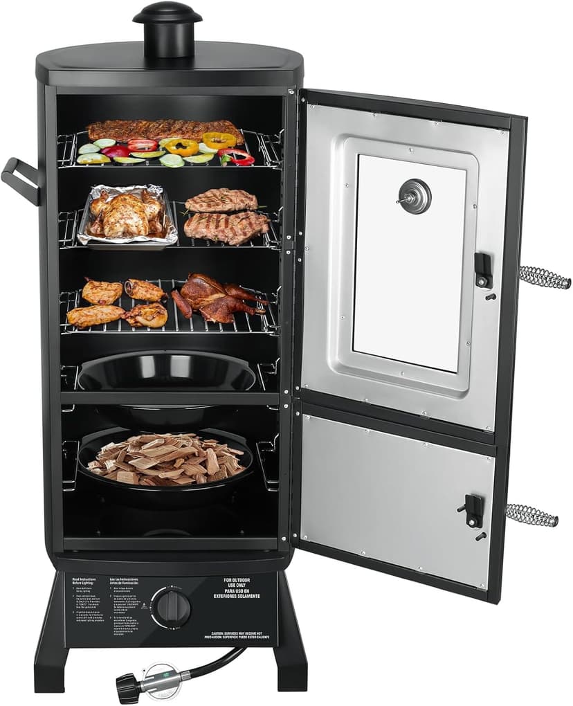 Propane Smoker with Cover, Vertical Smoker Grill with Temperature Control Outdoor Heavy Duty Three Removable Smoking Shelves, Black