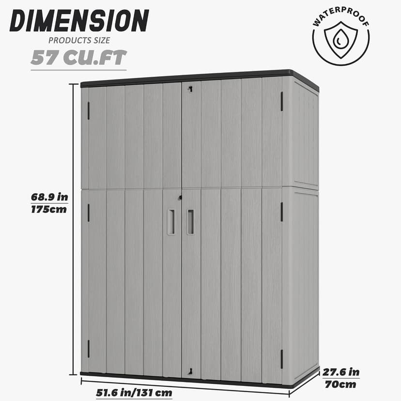 Vertical Storage Sheds with Floor, Sheds & Outdoor Storage Cabinet Waterproof for Garage Storage, Pool Storage, Bike Shed, Garden Shed 57Cu.ft Light Gray