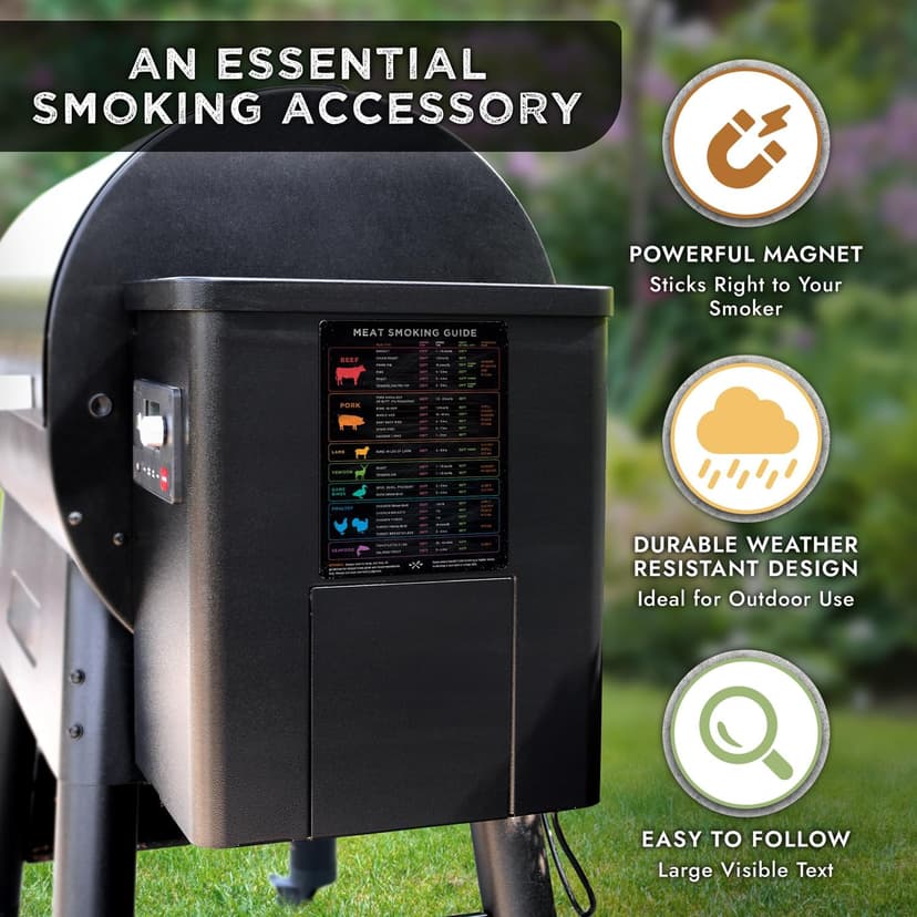 Meat Temperature Magnet & BBQ Smoker Guide - Pellet Grill Accessories - Wood, Time, & Temp - Grilling Gifts for Men