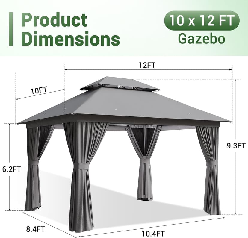 oneinmil 12' x 10' Hardtop Gazebo with Netting and Curtains, Outdoor Gazebo with Aluminum Frame, Heavy Duty Polyester Fabric Double Roof Canopy Party Tent for Patio, Backyard, Lawn, Gray