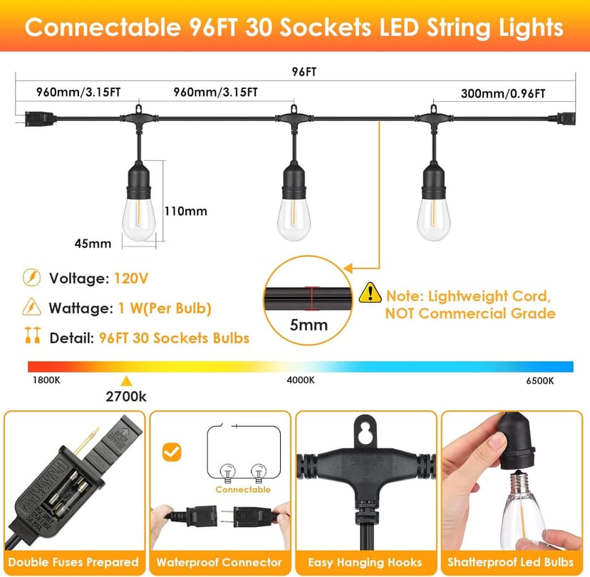 Mlambert 96FT LED Outdoor String Lights, Dimmable Waterproof Patio Lights with 30+3 Shatterproof Edison Vintage Bulb for Outside Backyard Porch Garden