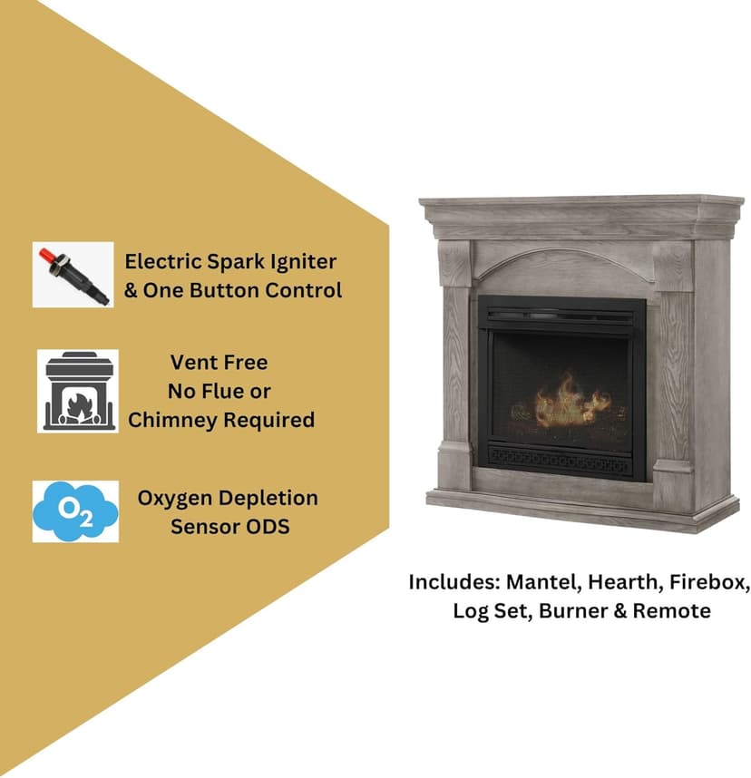 Comfort Glow Dual Fuel Ventless Gas Fireplace with Mantle The Halifax, Adjustable Thermostat, Natural Gas or Liquid Propane, 26,000 BTU, Heats 950 sq ft - Pewter Oak Finish Gas Fireplace