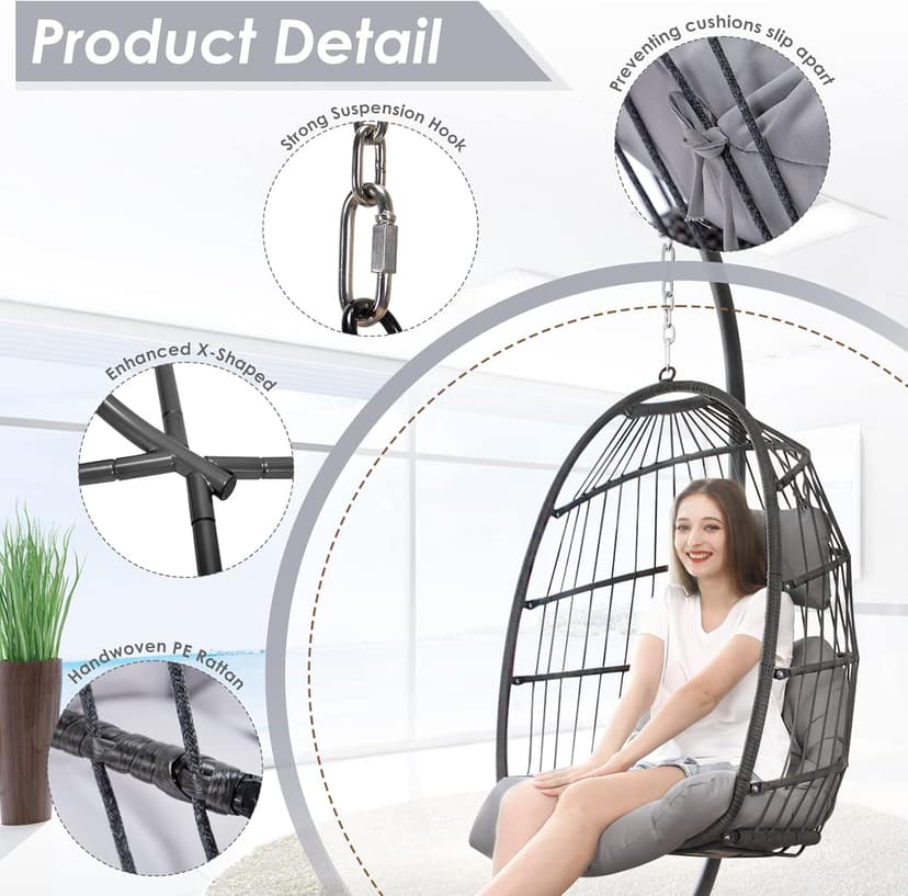 NICESOUL Swing Egg Chair Outdoor Indoor, Patio Wicker Hanging Egg Chairs with Stand, Swinging Hammock with Padded Cushions, 350lbs Sturdy Egg-Shaped Seating for Porch Bedroom Balcony Xmas Gift, Grey