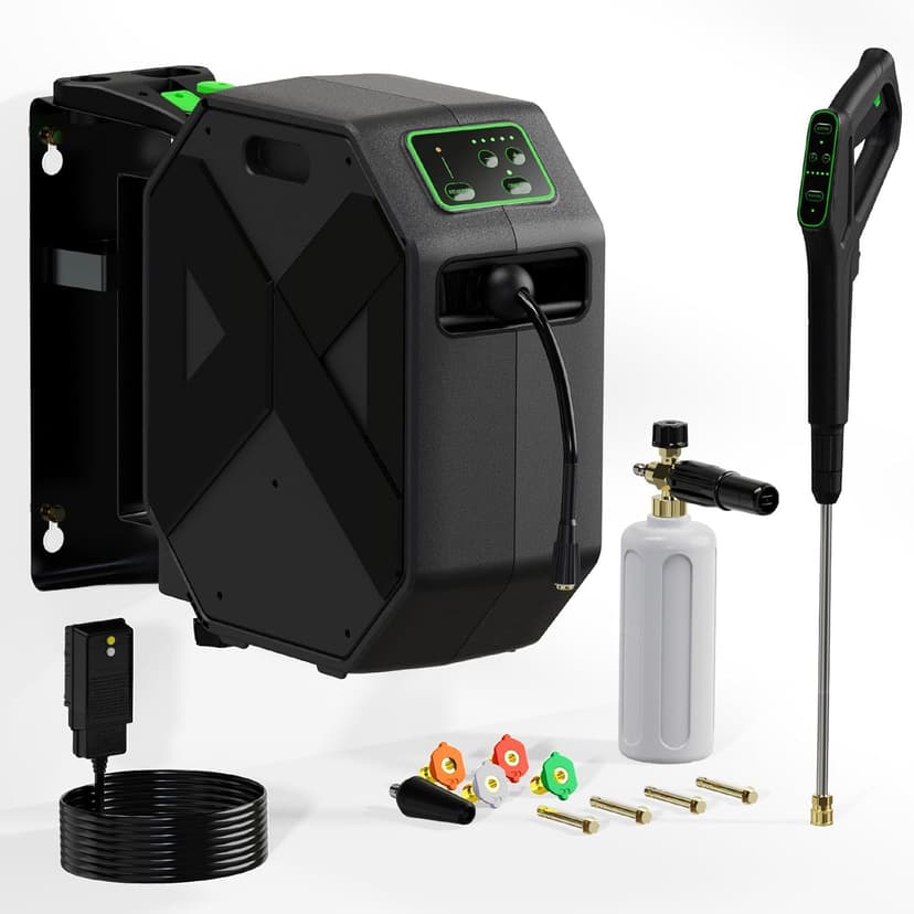 Wall Mounted Pressure Washer, 5200 PSI 3.6 GPM Electric Pressure Washer, Power Washer with 100FT Retractable Hose, GFCI Power Cord, Foam Cannon, 5-Nozzles for Car, Garage, Fence, Patio