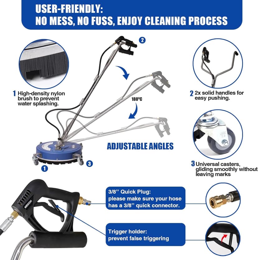 Pressure Washer Surface Cleaner 20'', 4500PSI Power Washer Surface Cleaner Attachment with Wheels, Pressure Washer Accessory for Driveway Sidewalk Curb Deck Patio Cleaning, 3/8'' Quick-Connect