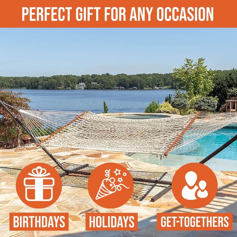 Castaway Living 13 ft. Double Traditional Hand Woven Cotton Rope Hammock with Free Extension Chains & Tree Hooks, Designed in The USA, Accommodates Two People with a Weight Capacity of 450 lbs.