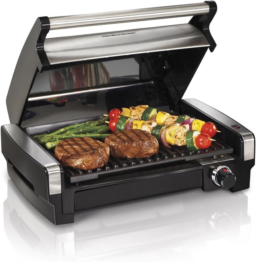 Hamilton Beach Electric Indoor Searing Grill with Adjustable Temperature Control to 450F, 118 sq. in. Surface Serves 6, PFAS-Free Removable Nonstick Grate, Stainless Steel (25360)