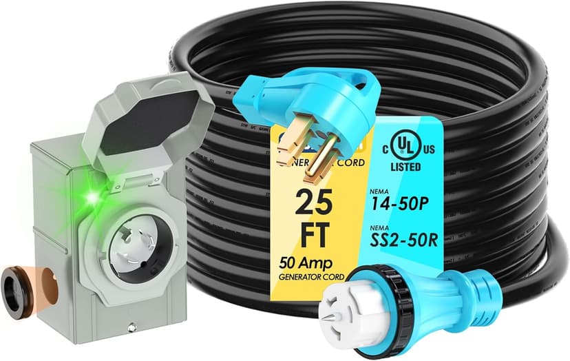 50 Amp 25FT Generator Cord and Power Inlet Box Combo Kit, UL Listed, NEMA 14-50P Male to SS2-50R STW 6/3+8/1 AWG 125/250V Twist Locking with Inlet Box for Generator to House