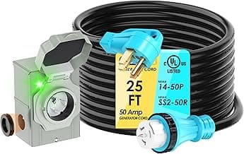 50 Amp 25FT Generator Cord and Power Inlet Box Combo Kit, UL Listed, NEMA 14-50P Male to SS2-50R STW 6/3+8/1 AWG 125/250V Twist Locking with Inlet Box for Generator to House