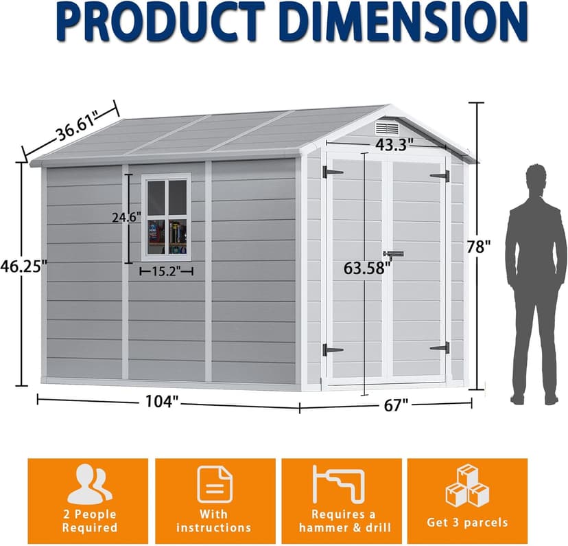 8.7x5.5 FT Outdoor Storage Shed with Floor, Weather-Resistant Resin Shed with Window, Lockable Door and Vents, Plastic Outside Tool Storage Sheds for Garden, Backyard, Lawn