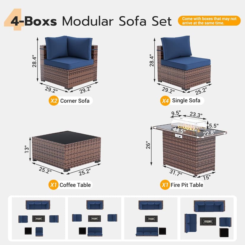 UDPATIO Patio Furniture Set with Fire Pit Table, 8 Piece Outdoor Sectional Modular Sofa, Wicker Outdoor Furniture Conversation Sets with Waterproof Cover for Backyard Deck (Brown/Navy Bule)