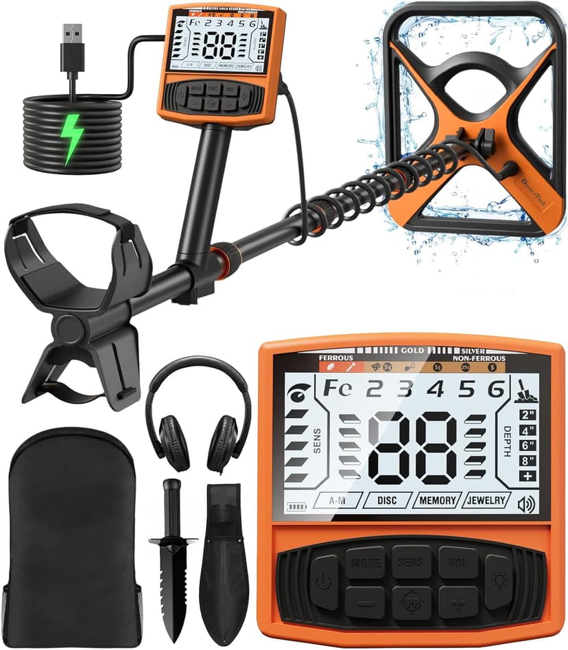 Metal Detector for Adults Rechargeable, 11" Professional Metal Detector for Gold & Silver, High Accuracy Waterproof Design with 5 Modes, 4000 mAh Lithium Battery, Easy to Use, M55, Orange