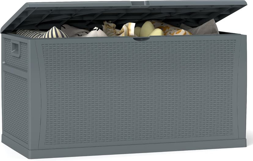 120 Gallon Resin Deck Box, Weatherproof Outdoor Storage Box for Patio, Garden, Pool, and Yard, Lockable Waterproof Bin for Tools, Cushions, and Accessories, Grey