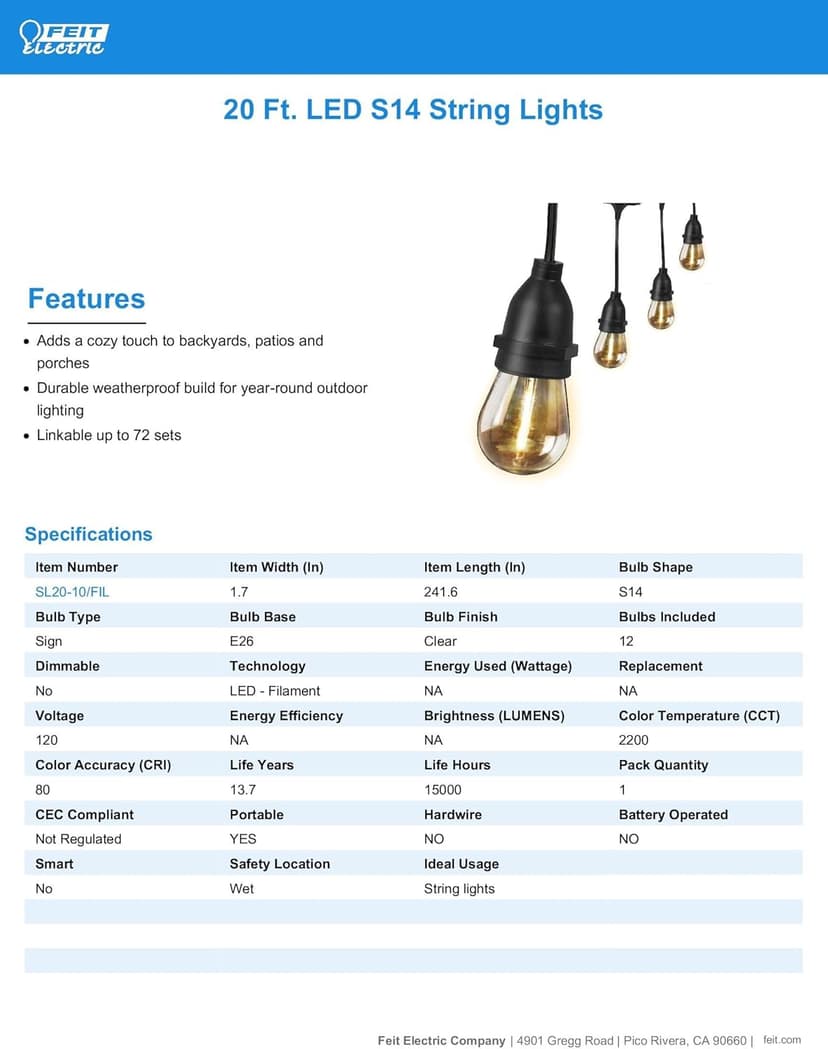 Feit Electric LED String Lights, 20ft Commercial Grade and Shatter Resistant String Lights with 10 Outdoor Sockets, Linkable, 15,000-Hour Lifetime, Wet Rated, SL20-10/FIL, 12 Bulbs Included