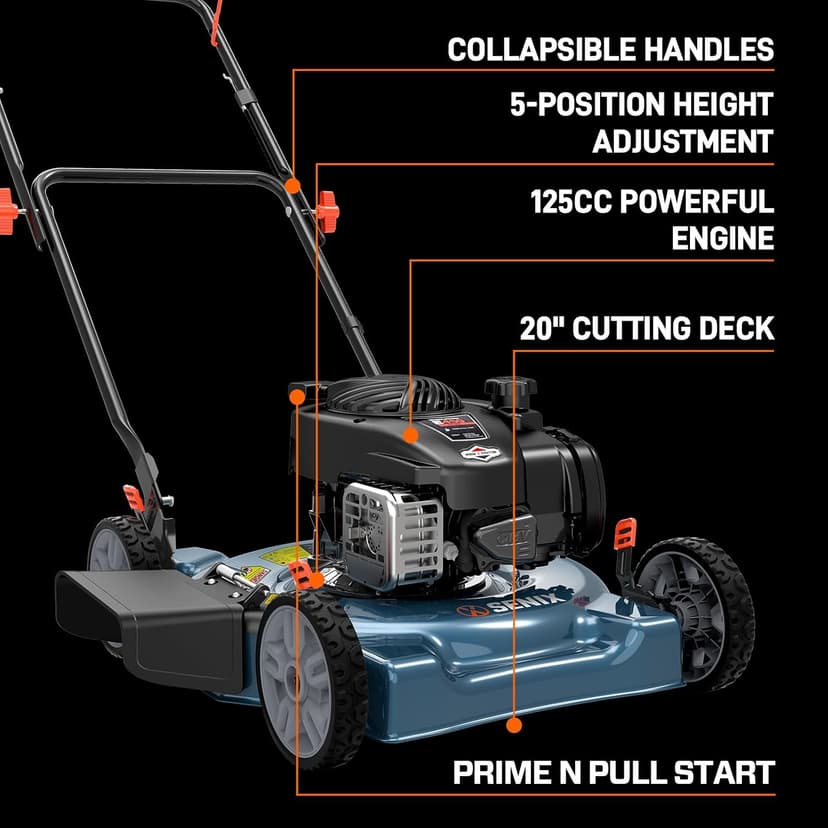 SENIX 20-Inch Gas Lawn Mower with 125 cc 4-Cycle Briggs & Stratton Engine, Side Discharge, 5-Position Single Wheel Height Adjustment (LSPG-L3)