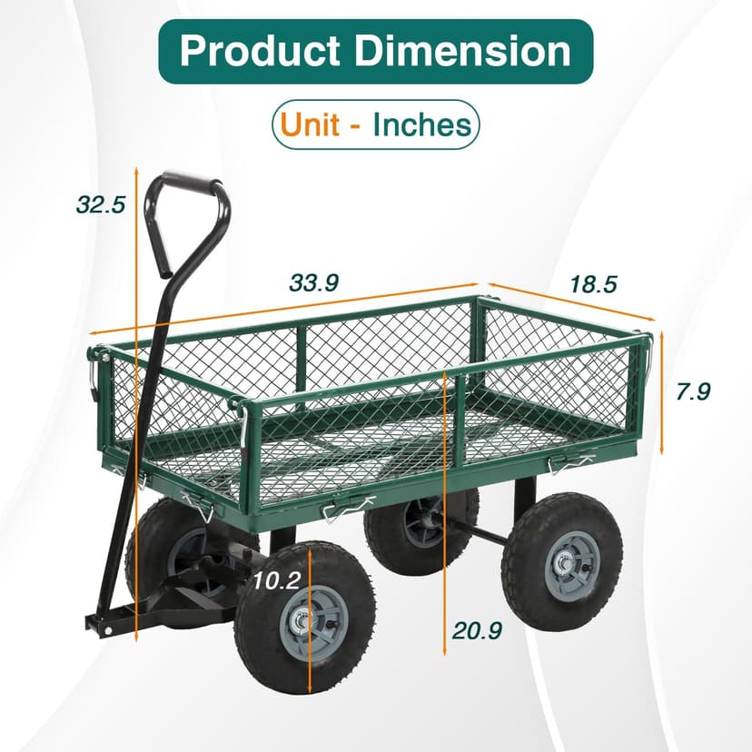 Garden Cart Wagon - 400 lbs Capacity Heavy-Duty Steel Mesh Utility Cart with Removable Sides, All-Terrain Wheels & Pull Handle for Yard, Lawn & Garden Hauler