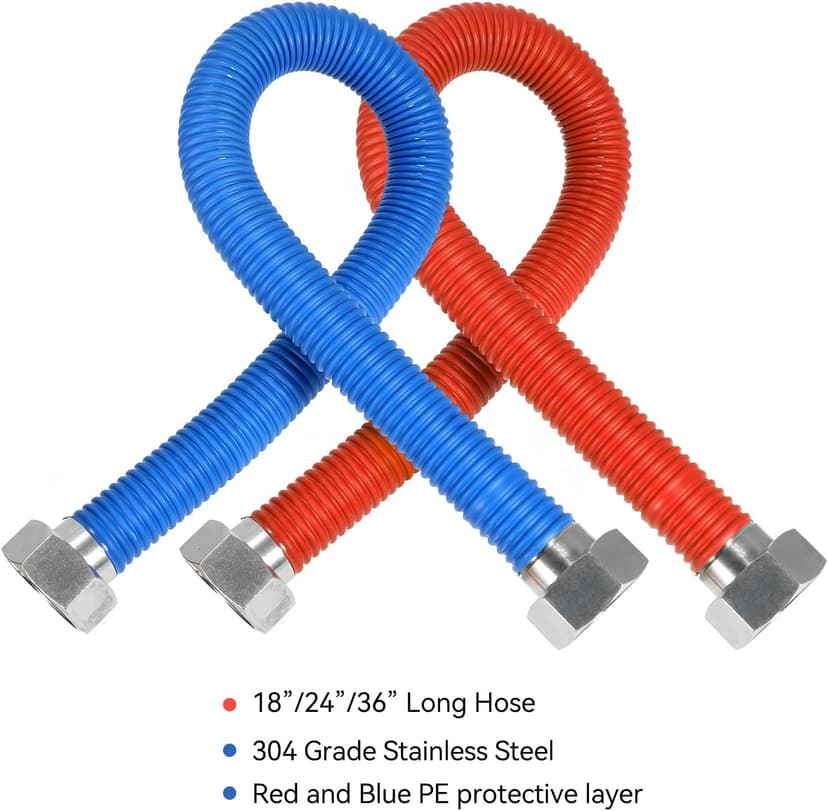 24Inch Flexible Stainless Steel Corrugated Water Heater Connector,1/2"FIP x 1/2"FIP,Flexible Water Heater Hose,Hot and Cold Color Code,304 Stainless Steel Connector and Pipe,PE Protective Layer2Pack