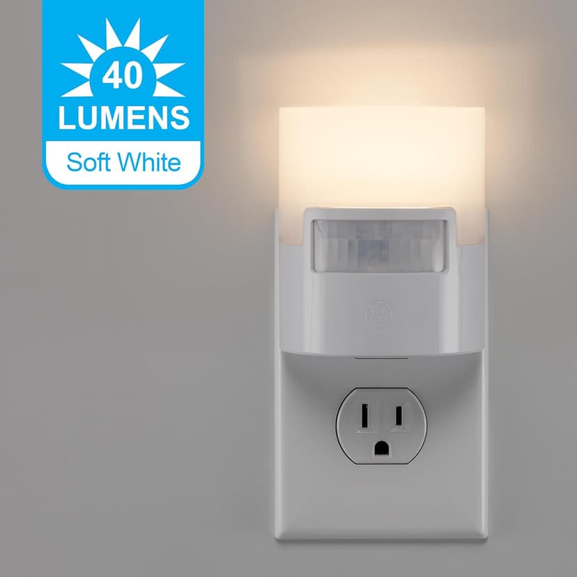 GE LED Motion Sensor Night Light, Plug into wall, 40 Lumens, Soft White, UL-Certified, Energy Efficient, Ideal Nightlight for Bedroom, Bathroom, Kitchen, Hallway, 46632, White, 2 Pack