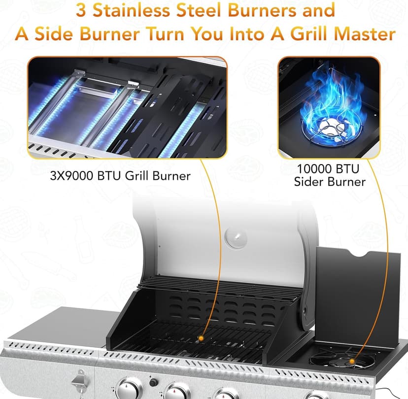 3-Burner Propane Gas Grill with Side Burner,Stainless Steel BBQ Grill with Porcelain-Enameled Cast Iron Grates,37000 BTU Barbecue Grill, Suitable for Patio,Camping,Outdoor Cooking