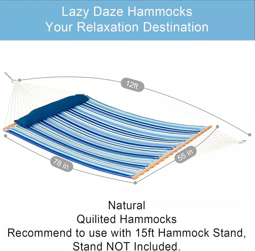 Lazy Daze Hammocks 12 FT Quilted Fabric Double Hammock with Spreader Bars and Detachable Pillow, 450 LBS Weight Capacity, Mixed Blue Stripes