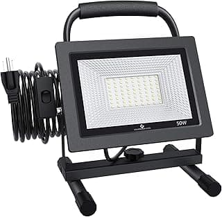 GLORIOUS-LITE 50W LED Work Light, 5000LM LED Flood Lights, 400W Equivalent, IP66 Waterproof, 16ft 5m Cord with Plug, 6500K, Adjustable Working Lights for Workshop Garage, Construction Site